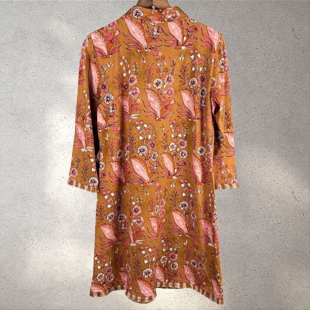 Spartina 449 Nora Half-Zip Fringe Dress Mercer House Woodblock Floral Brown XL - Picture 4 of 6